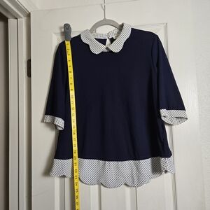Faith and Joy Navy Top with Polka Dot Collar